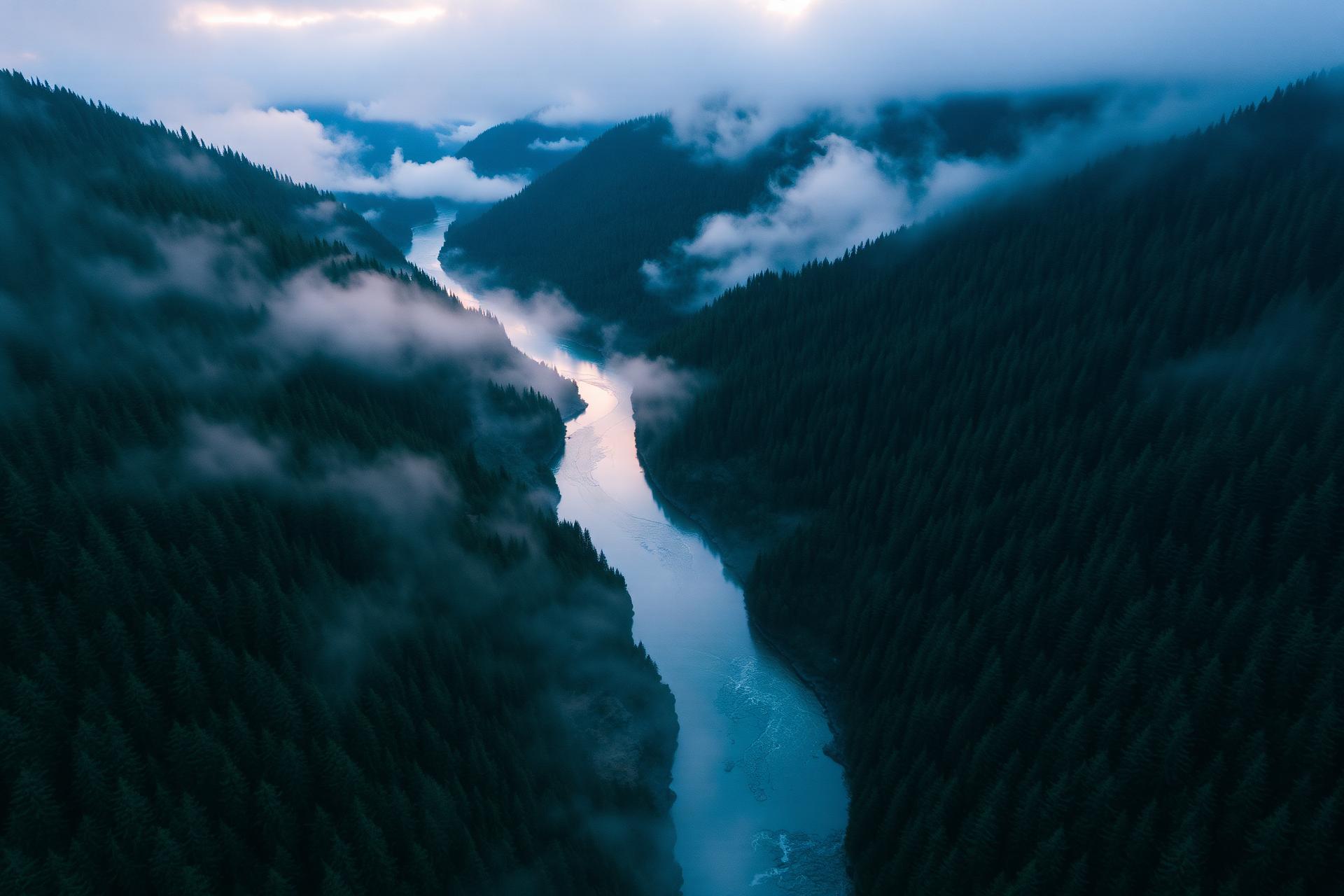 Aerial view of a misty mountain river